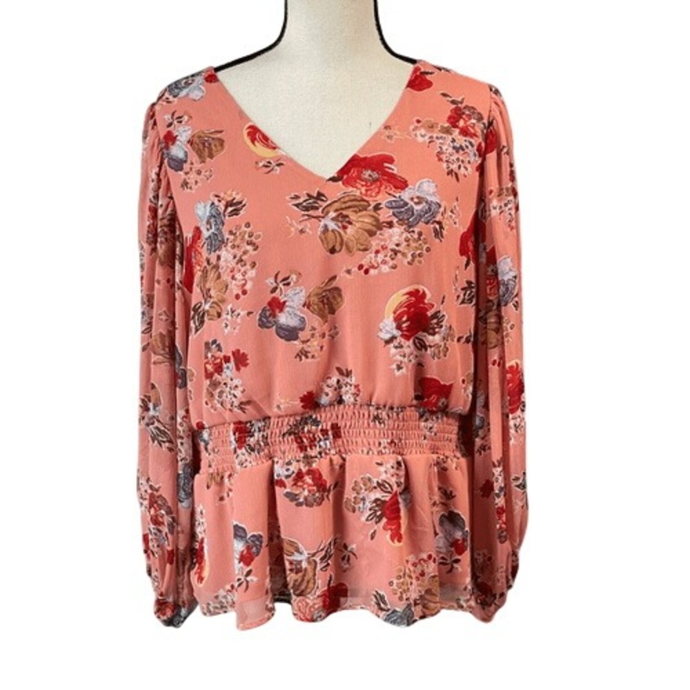 Philosophy Feminine Long‎ Sleeve, Elastic Waist Blouse, Coral, XL